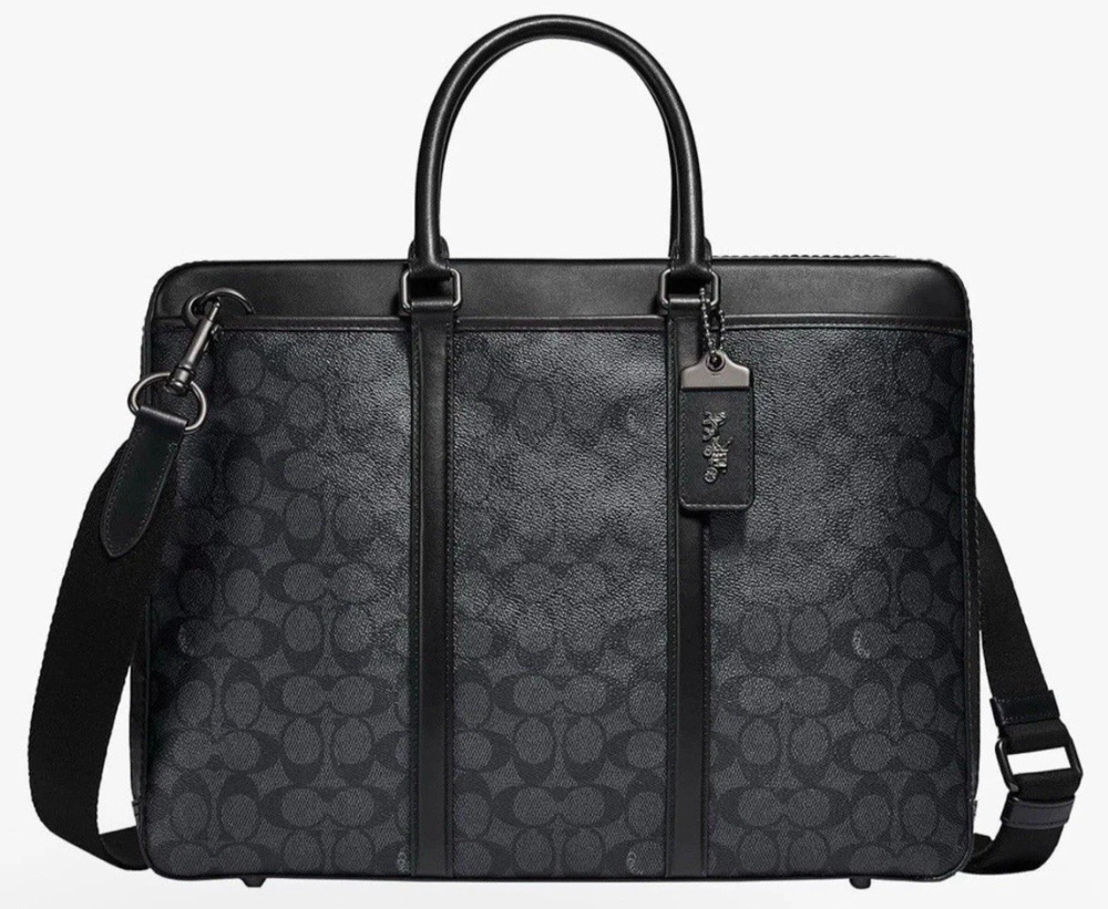 Coach Perry Slim Briefcase F59057 Black Signature Canvas Laptop Bag NWT